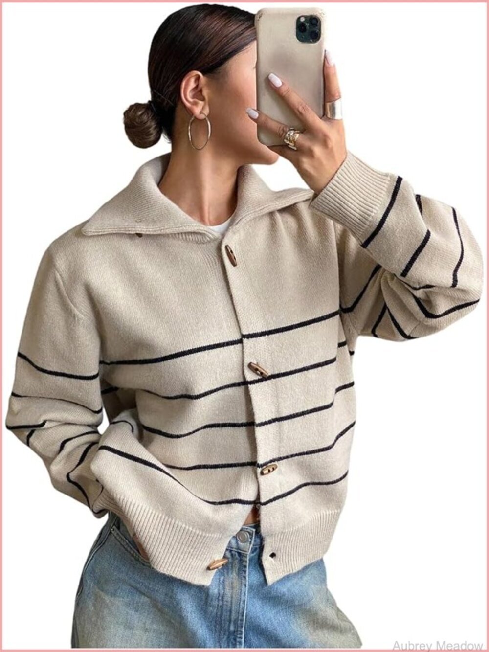 Striped Button Down Cardigan Long Sleeve Knit Sweater Retro